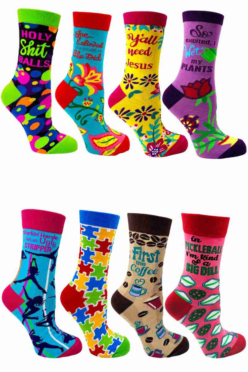 fabdaz novelty womens socks collection in various colorful designs with sayings