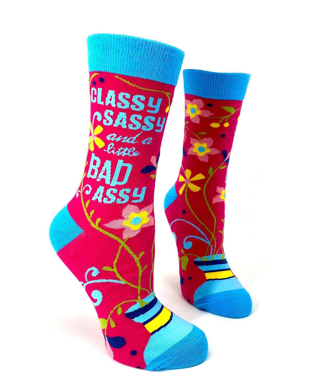 Fabdaz funny socks collection with red blue floral design saying classy sassy and a little bad assy