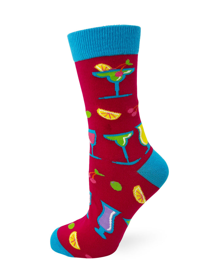 Red and blue ladies novelty socks featuring colorful cocktail drinks