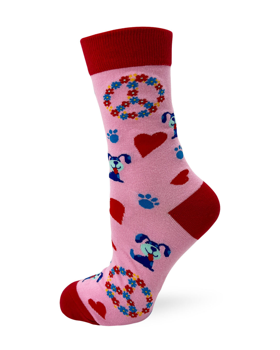 Pink and red socks featuring happy dogs, surrounded by paw prints, hearts, and flower peace signs.