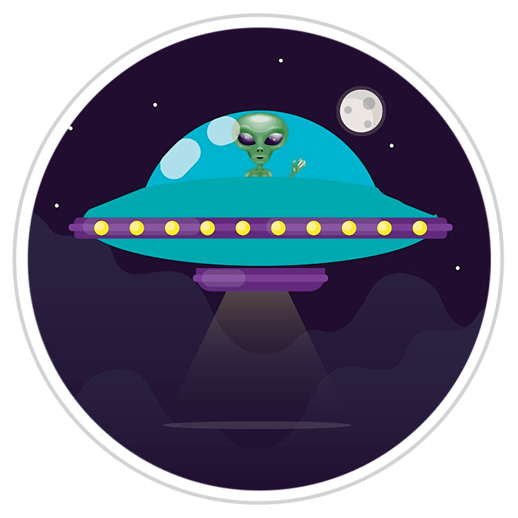 UFO at Night with Cute Alien Sticker