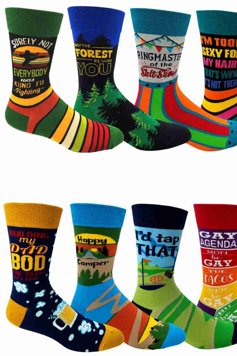 Fabdaz collection of various colorful mens novelty socks with funny sayings