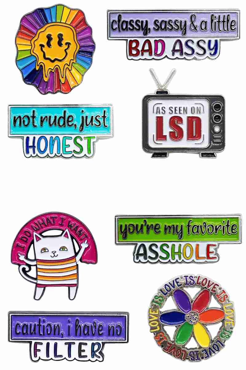 fabdaz enamel pin collection with colorful designs and funny sayings
