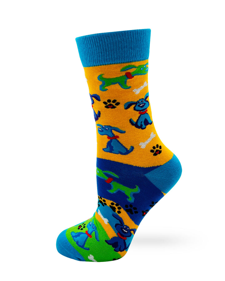 Yellow and Blue Women's Crew Socks With Dogss