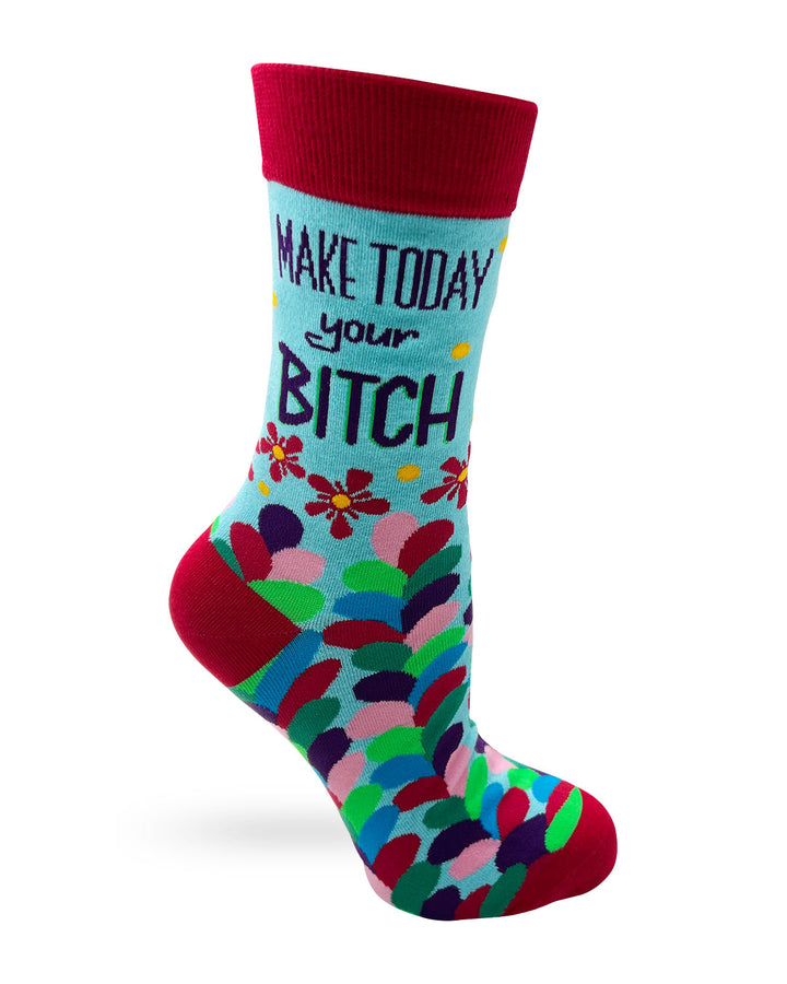 Red and Teal  Ladies' Novelty Crew Socks, Featuring Flowers and Saying