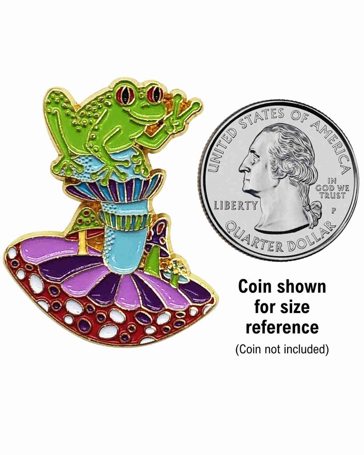 Frog with Trippy Mushroom Enamel Pin with Metal Frame