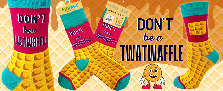 Funny ladies novelty crew socks with saying "Don't Be a Twatwaffle"