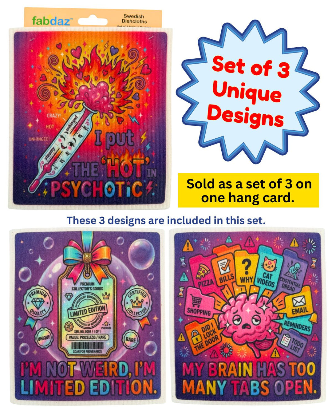 Beautiful Mind Fun Crazy Sayings - Set of 3 - Swedish Dishcloths