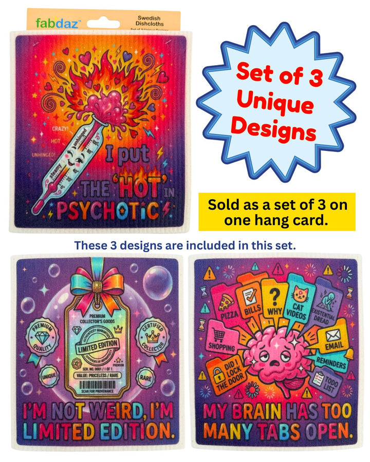 Beautiful Mind Fun Crazy Sayings - Set of 3 - Swedish Dishcloths