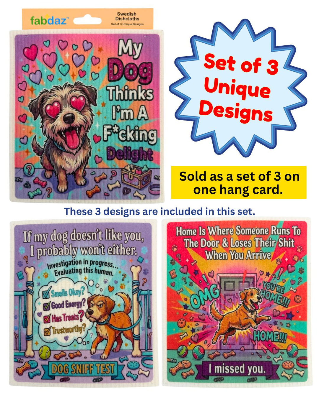 Funny Dog Sayings - Set of 3 - Swedish Dishcloths