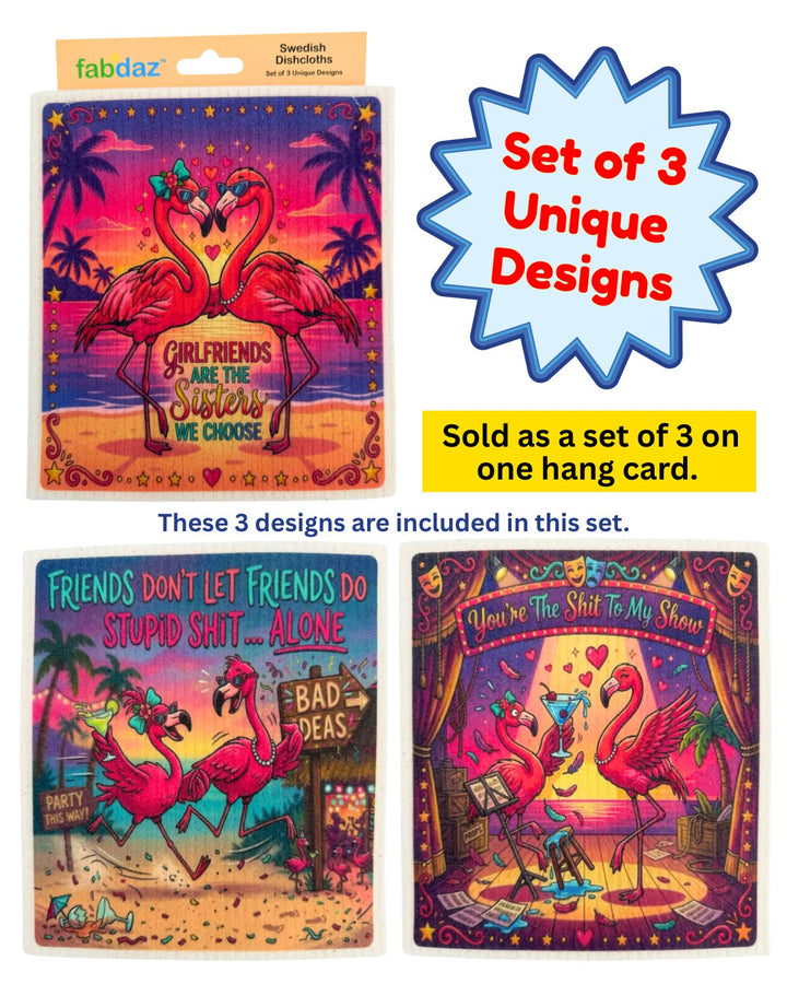 Girlfriends Sayings Flamingo Designs - Set of 3 - Swedish Dishcloths