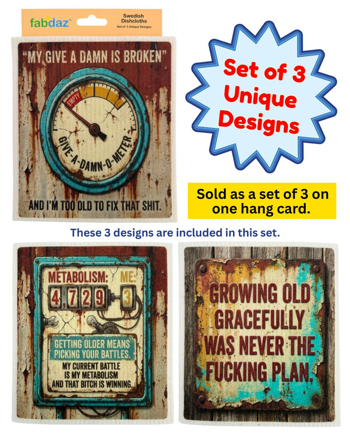 Getting Older Sayings Vintage Sign Designs - Set of 3 - Swedish Dishcloths