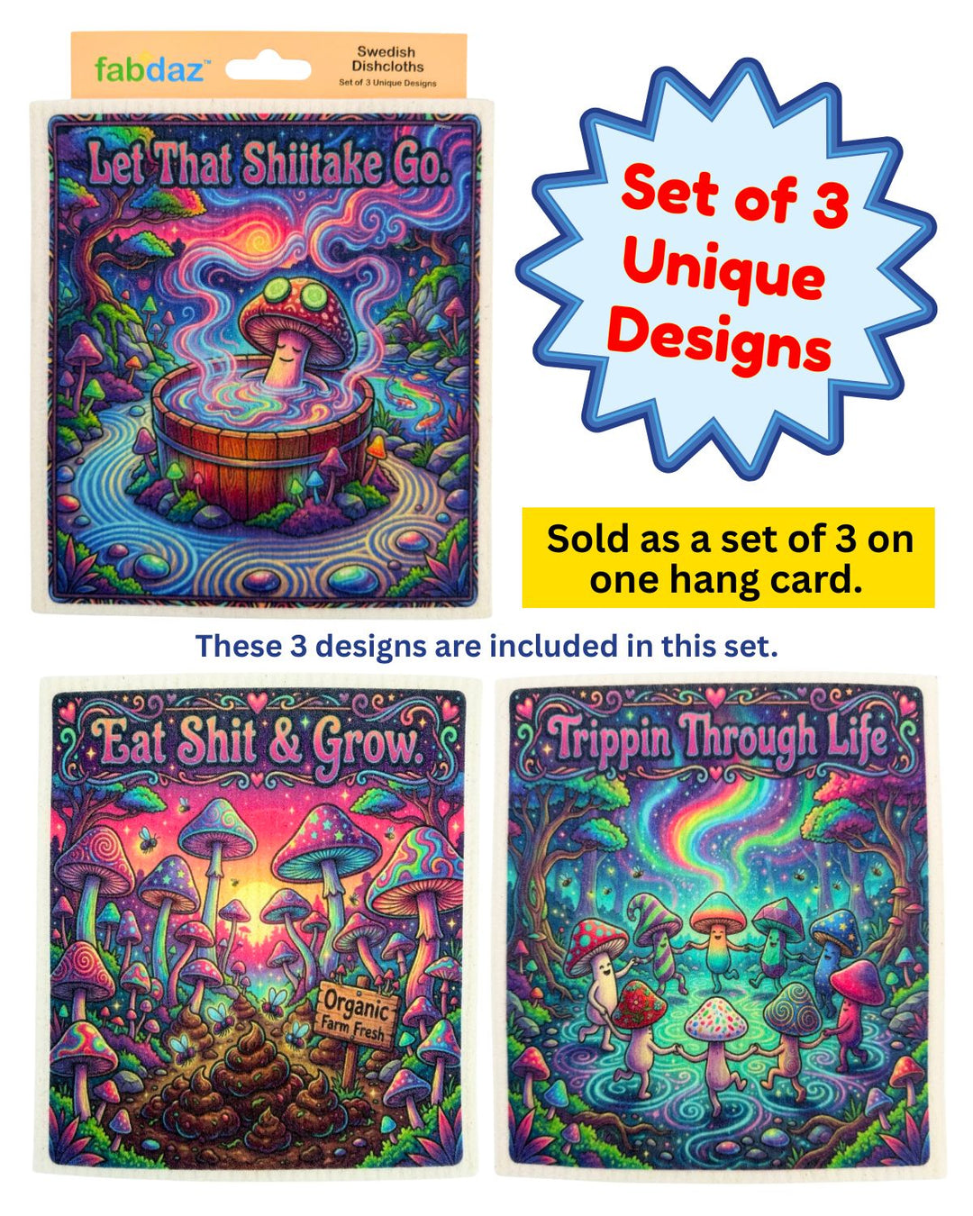 Trippy Mushrooms - Set of 3 - Swedish Dishcloths
