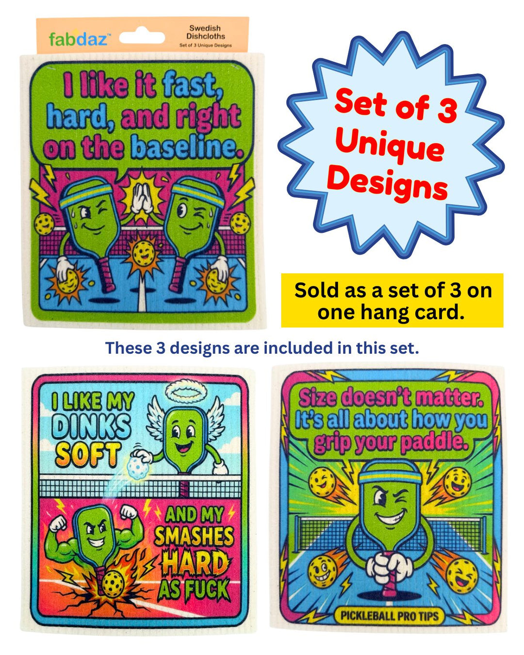 Funny Pickleball Sayings - Set of 3 - Swedish Dishcloths