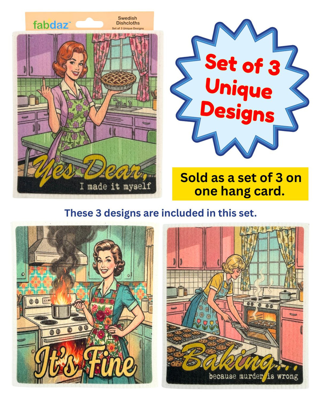 Crazy Retro Wife - Set of 3 - Swedish Dishcloths
