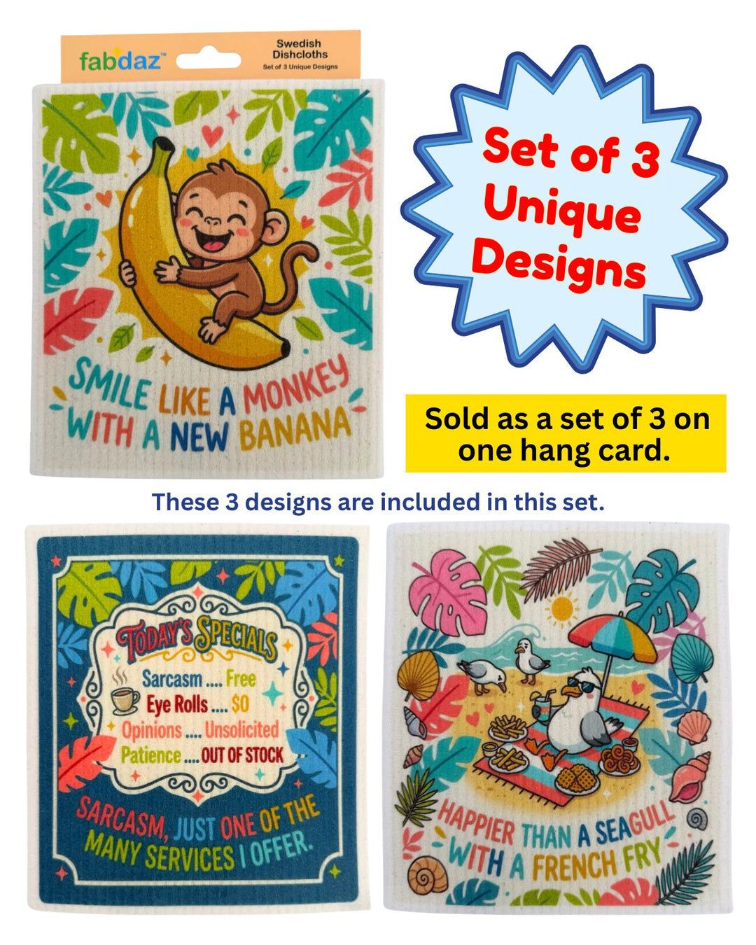 Silly Sayings - Set of 3 - Swedish Dishcloths