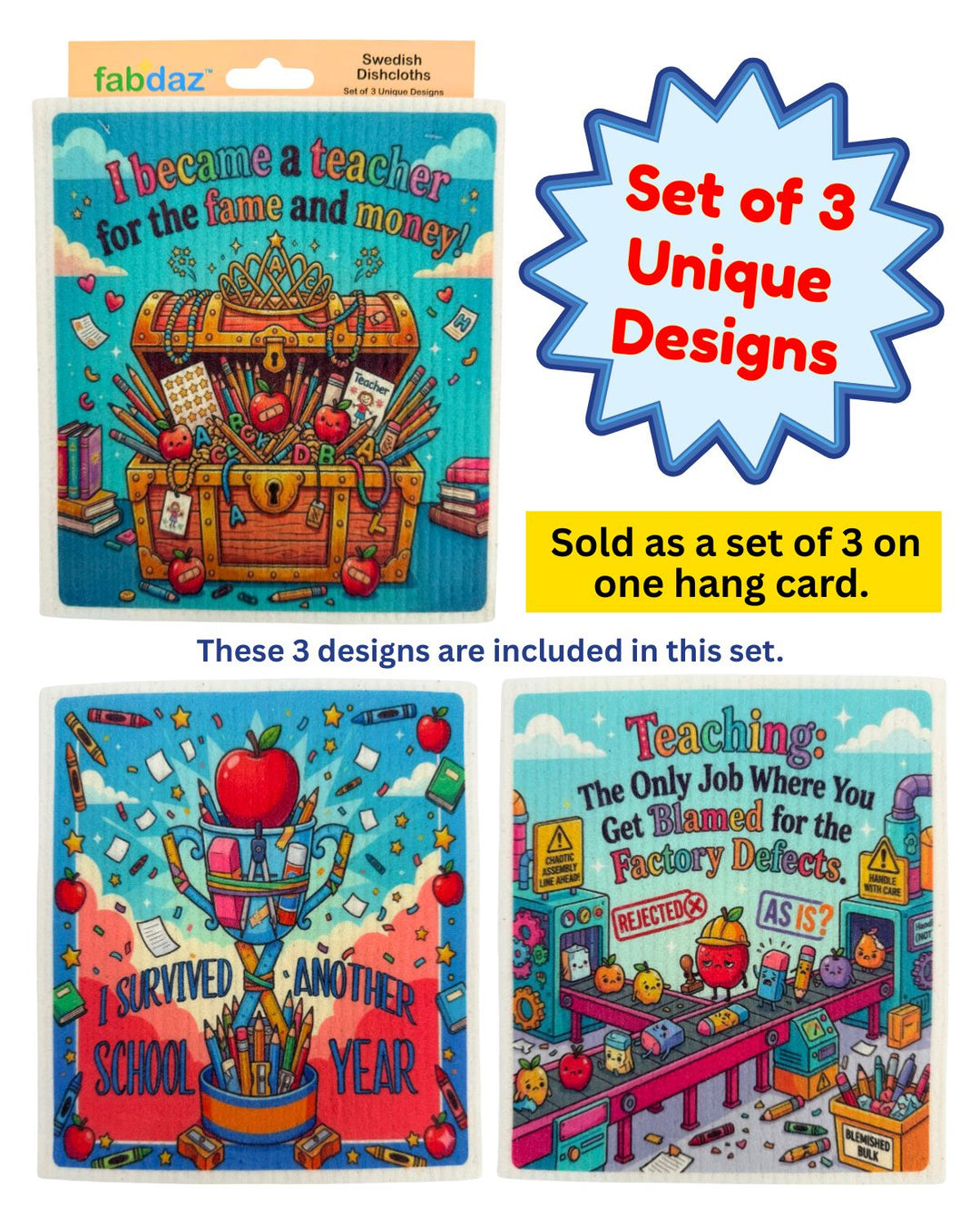 Funny Teacher Sayings - Set of 3 - Swedish Dishcloths