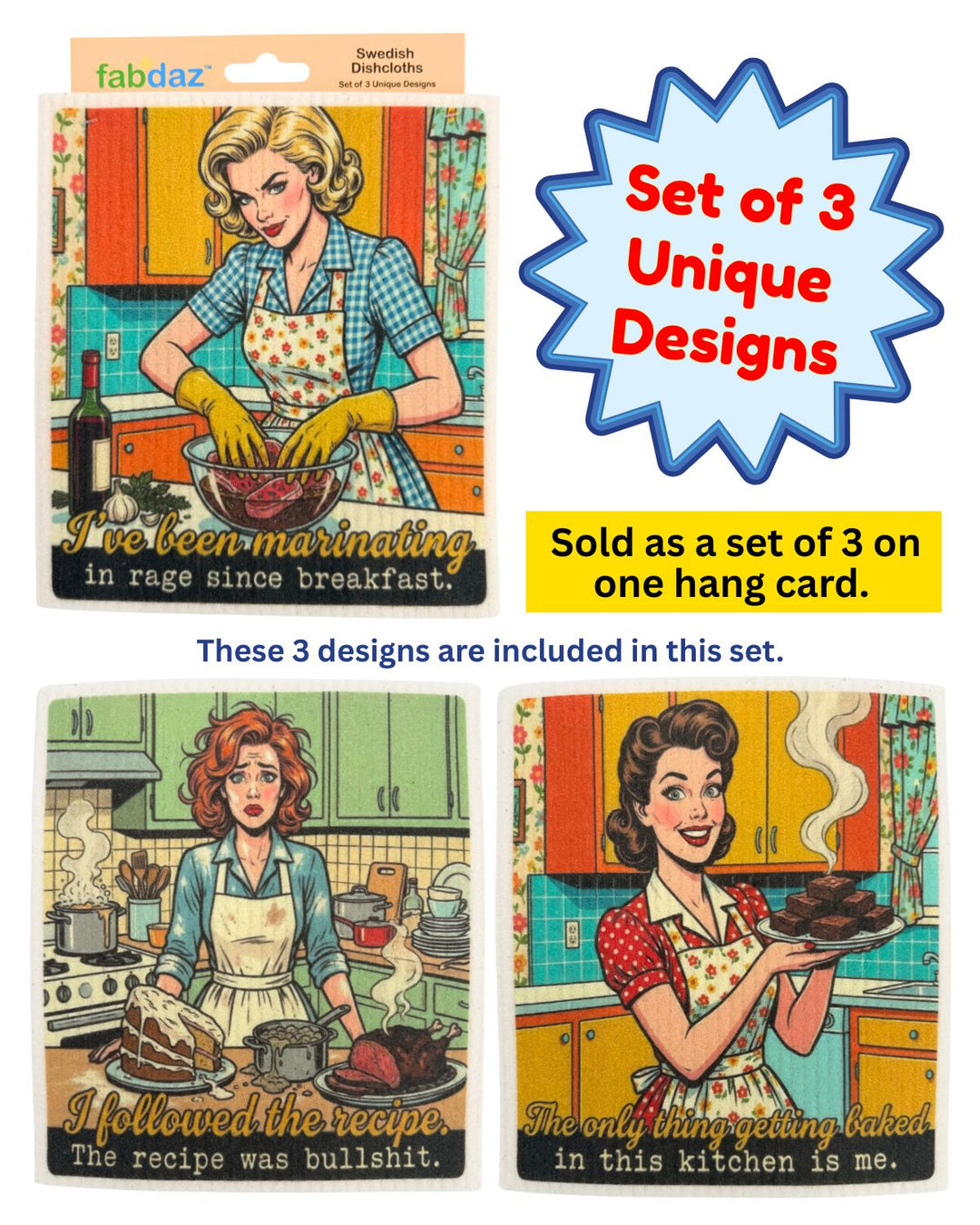 Cooking Retro Wife - Set of 3 - Swedish Dishcloths