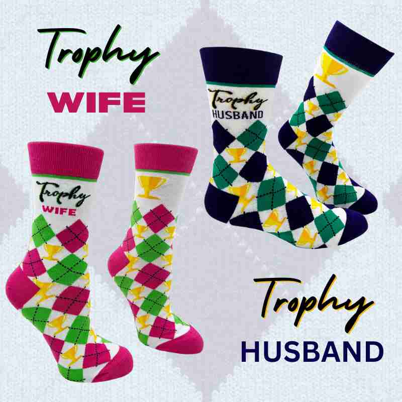 trophy wife and trophy husband argyle pattern colorful mens and womens novelty socks