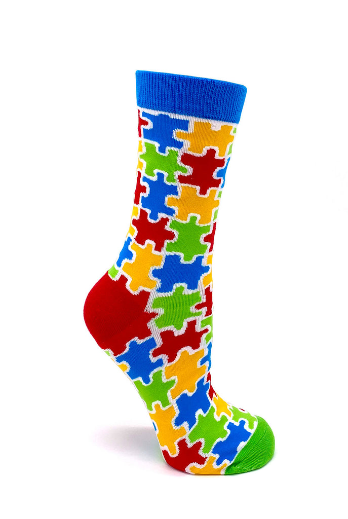 Colorful Autism Awareness Puzzle Pieces Women's Crew Socks – FabDaz