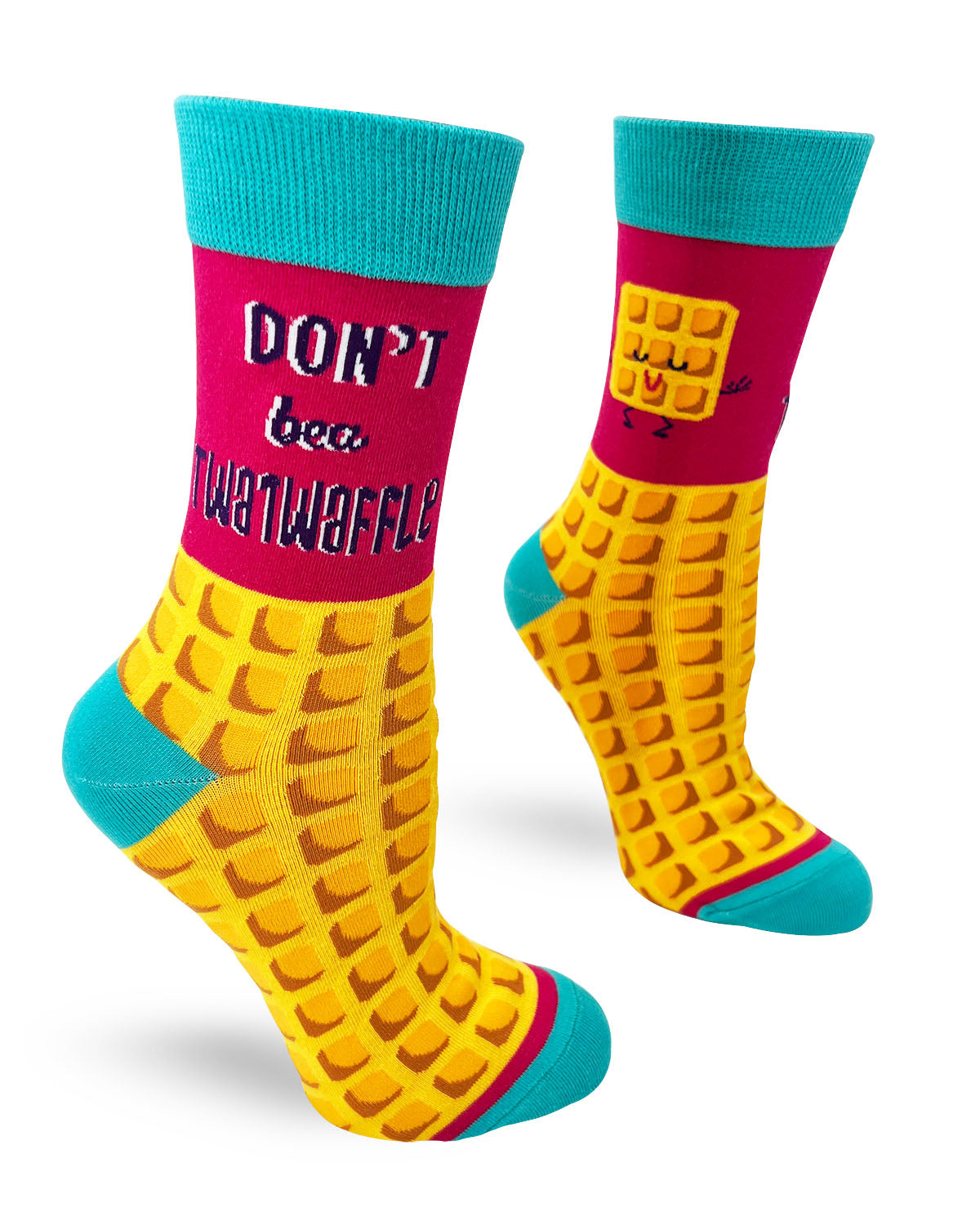 Funny ladies novelty crew socks with saying "Don't Be a Twatwaffle"