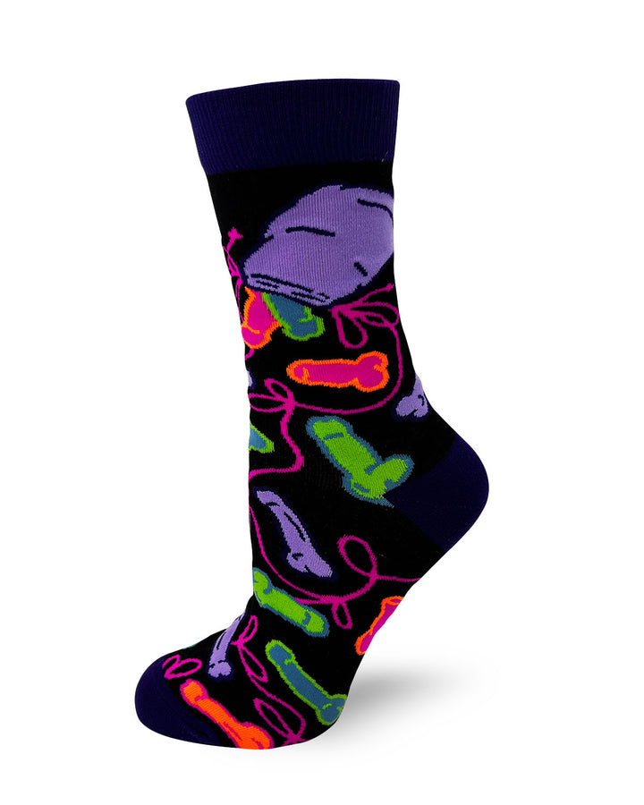  Sassy Ladies Novelty Crew Socks featuring a bag and cartoonish dicks pouring out.