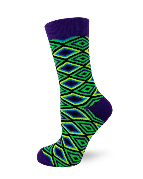 Ladies crew socks featuring green, black, blue, and purple diamonds 