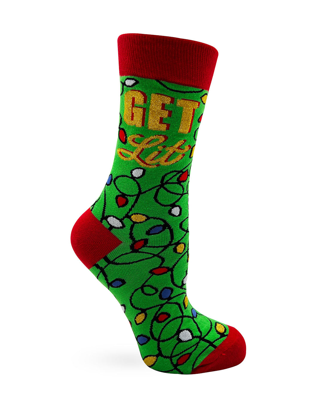 Green and red Women's Novelty Crew Socks with saying "Get Lit"
