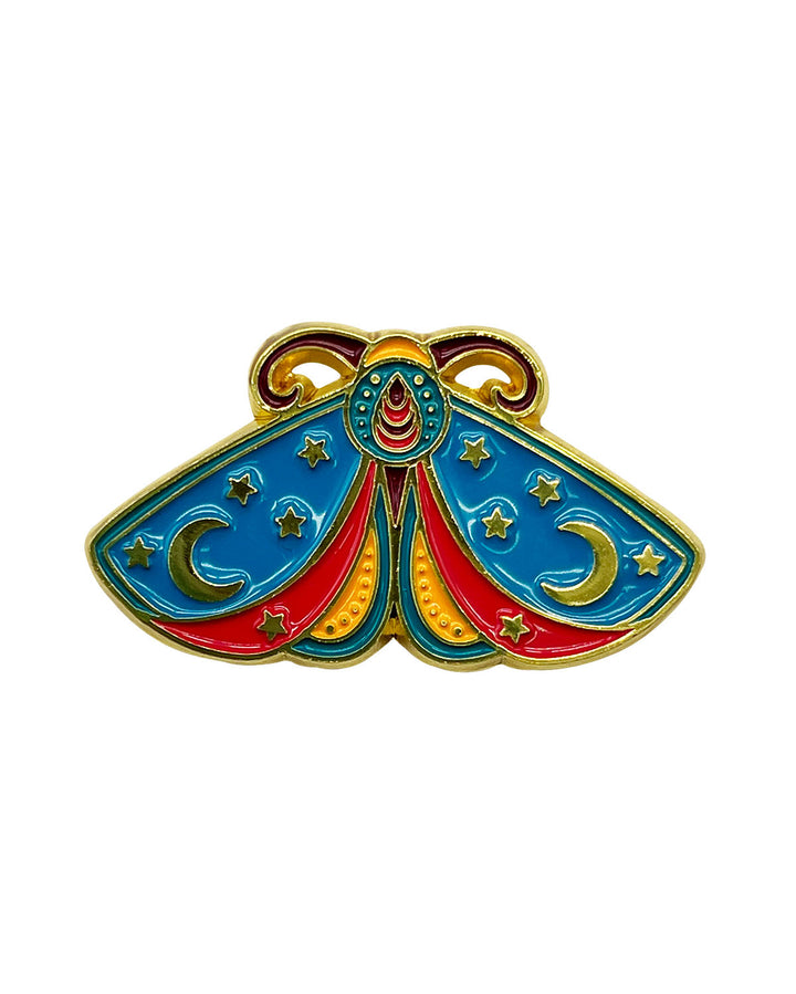 Moth With Moon and Stars Enamel Pin with Metal Frame