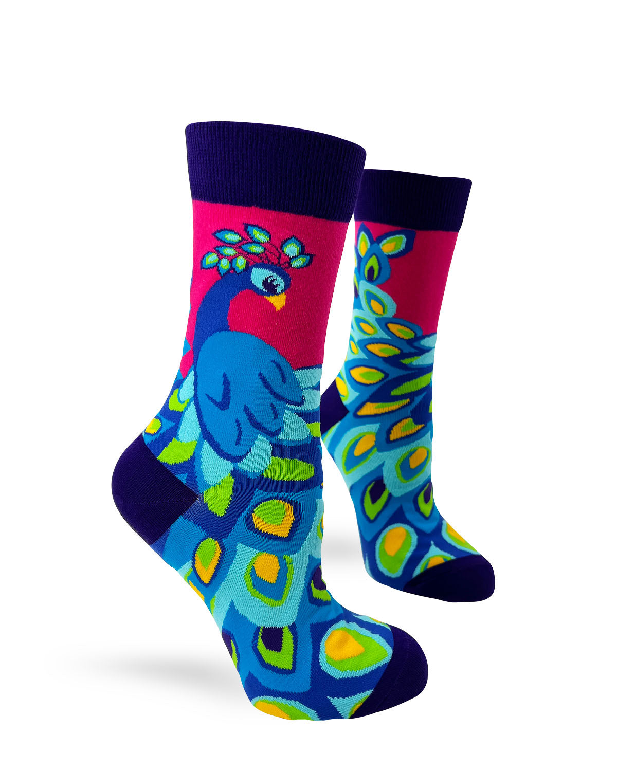 Novelty crew socks featuring a peacock.