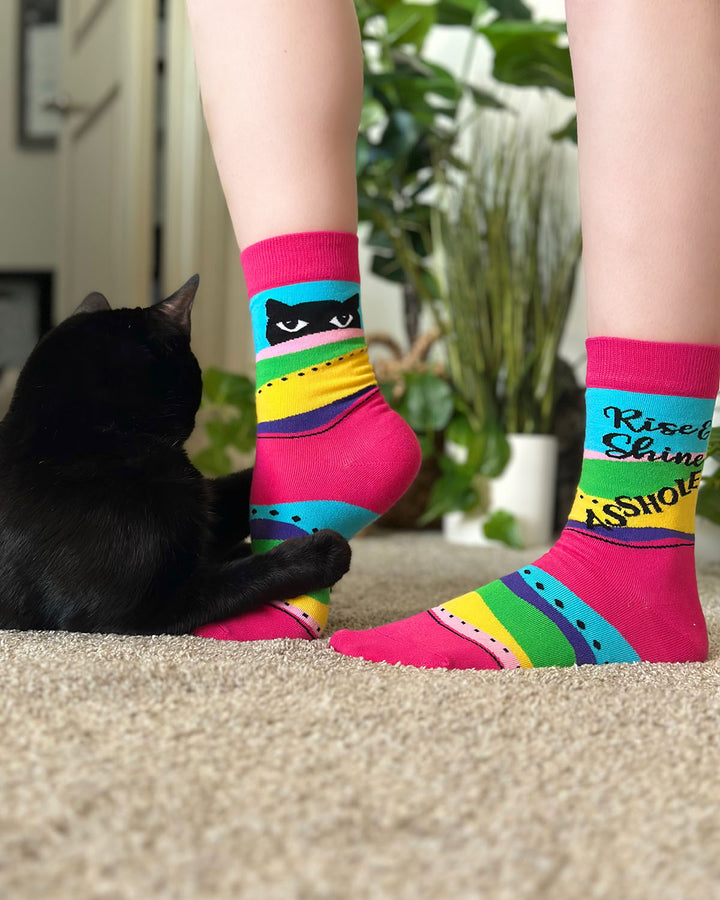 Rise and Shine Asshole Women's Crew Socks. Funny novelty socks with a black cat.
