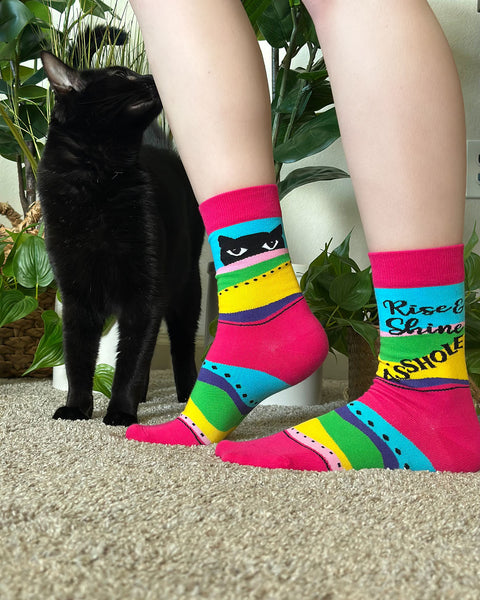 Novelty socks with a black cat.