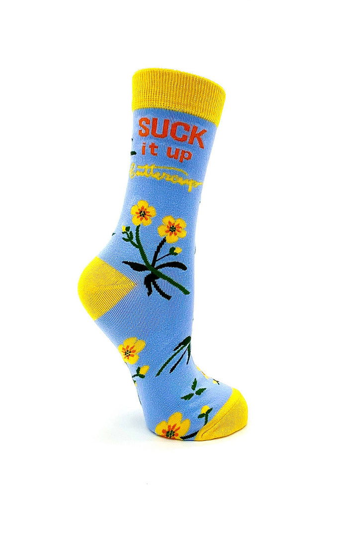 Suck it up buttercup Women's crew socks Blue Yellow with flowers