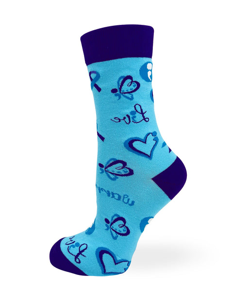 Blue Suicide Prevention Women's Crew Socks with Hearts and Butterflies