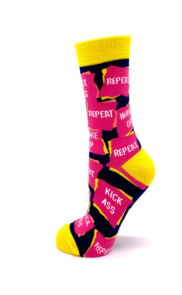 Funny socks with sayings Wake Up Kick Ass Repeat for ladies
