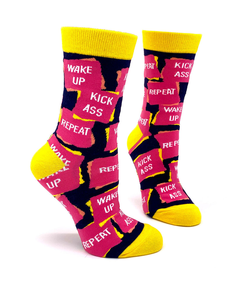 Wake Up Kick Ass Repeat Women's Crew Socks – FabDaz