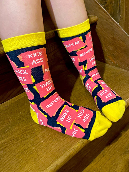 Funny novelty socks for Women Wake Up Kick Ass Repeat