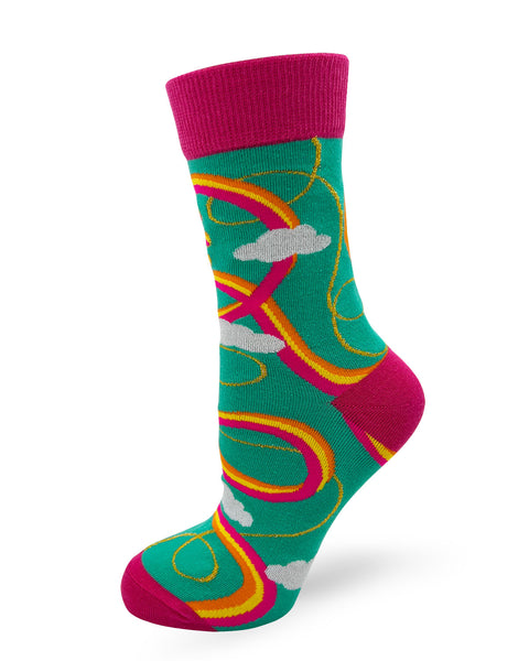 Green ladies novelty socks with pink accents and colorful stripes